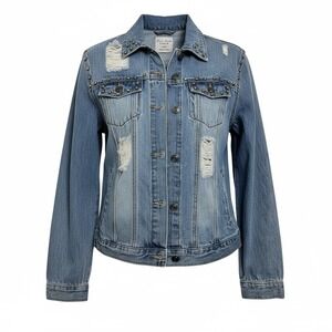 Love‎ Tree Denim Studded Distressed Blue Jean Jacket Women Large